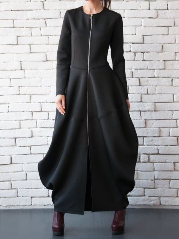 xakxx Split-Joint Zipper Round-Neck Maxi Dress Coat Bubble Dress