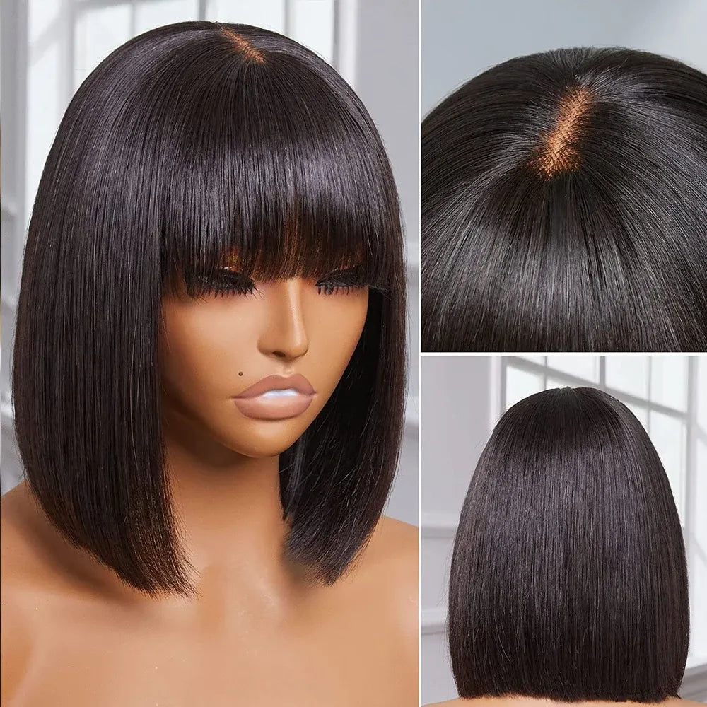 Straight Bob Wig with Bangs Bone Remy Human Hair Wigs for Women Brazilian Hair Straight Full Lace Wigs Bob Fringe Wig