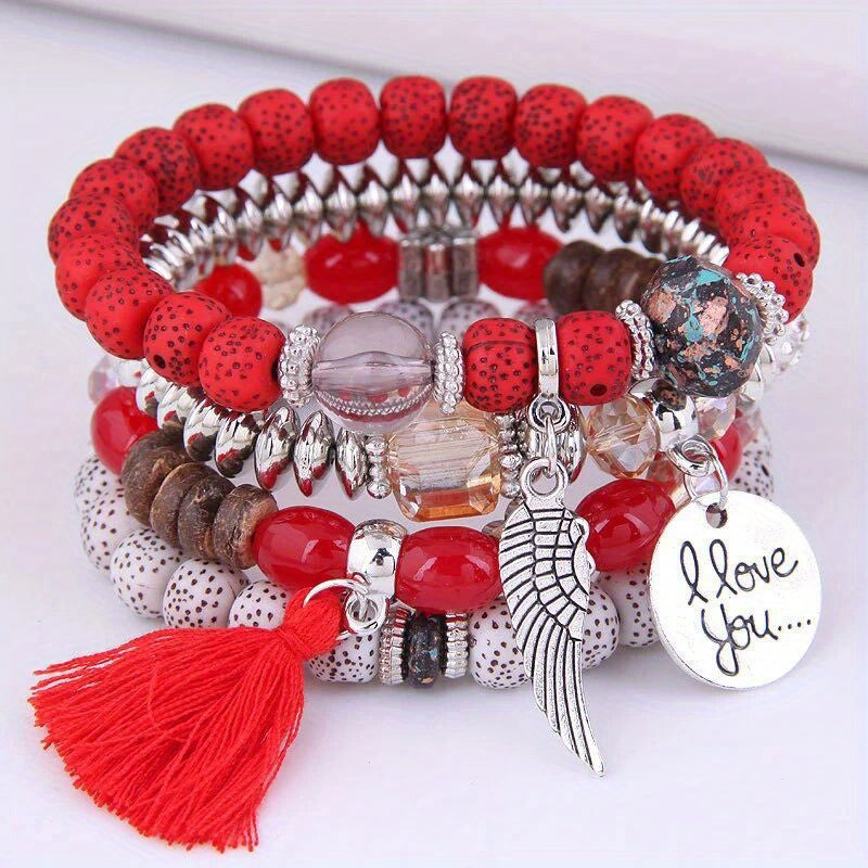 4pcs/Set Enchanting Love Wings Tassel Bracelet Ensemble - Lustrous Volcano Stone Beads & Multicolored Strands - Bohemian Chic Retro Style - Perfect Holiday Gift