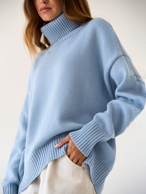 xakxx Long Sleeves Loose Solid Color High Neck Knitwear Pullovers Sweater Tops
