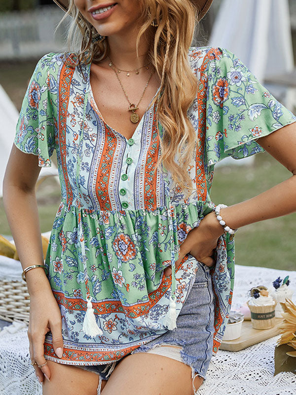 xakxx Loose Short Sleeves Buttoned Flower Print Split-Joint Tasseled Tied V-Neck T-Shirts Tops