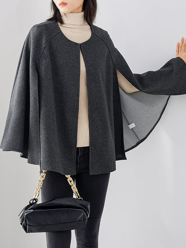 xakxx Casual Loose Solid Color Round-Neck Cape Outerwear