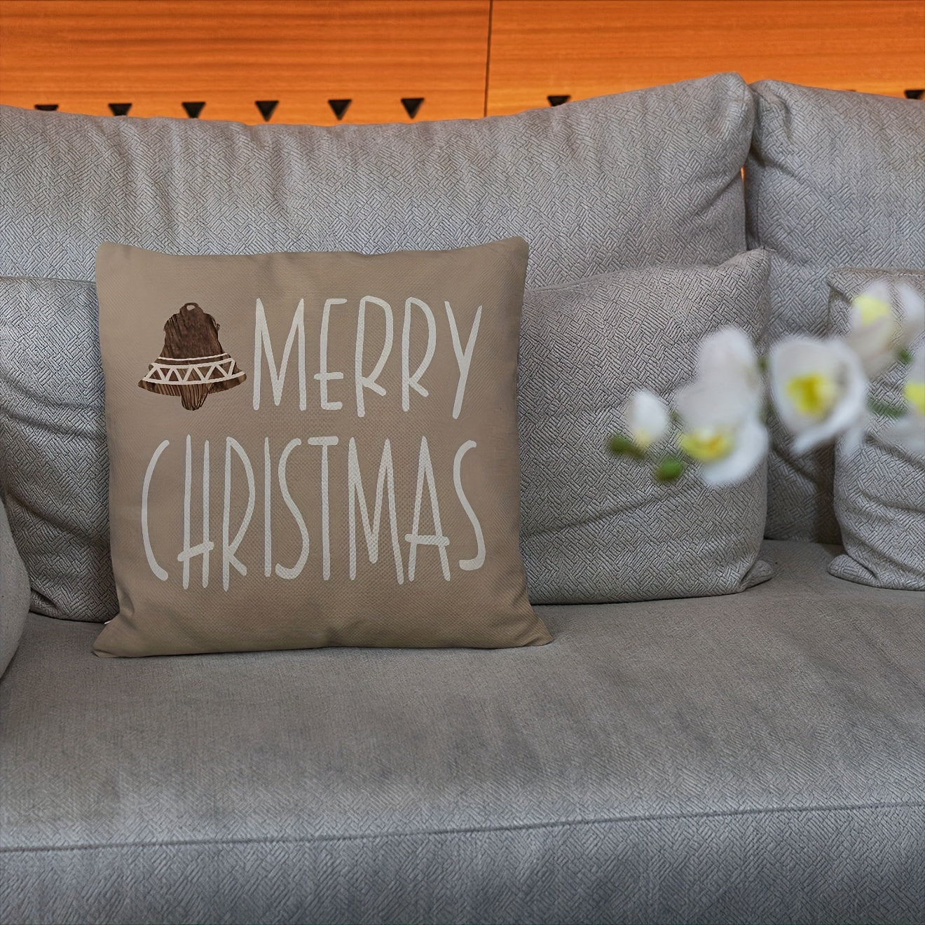 4 PCS Merry Christmas Blessings Throw Pillow Covers - Warm Curry Striped Vintage Woodgrain Sleigh Christmas Tree Design, Holiday Party Home Decor, Soft and Cozy, 18x18 inches (45x45 cm) - Pillow Inserts Not Included, Perfect for Indoor and Outdoor Decorat