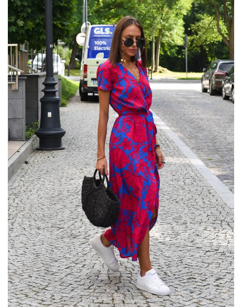 designer womens skirt summer new V-neck print lace-up Lady Floral dress Blue purple pink Urban fashion Clothes 33a fa5