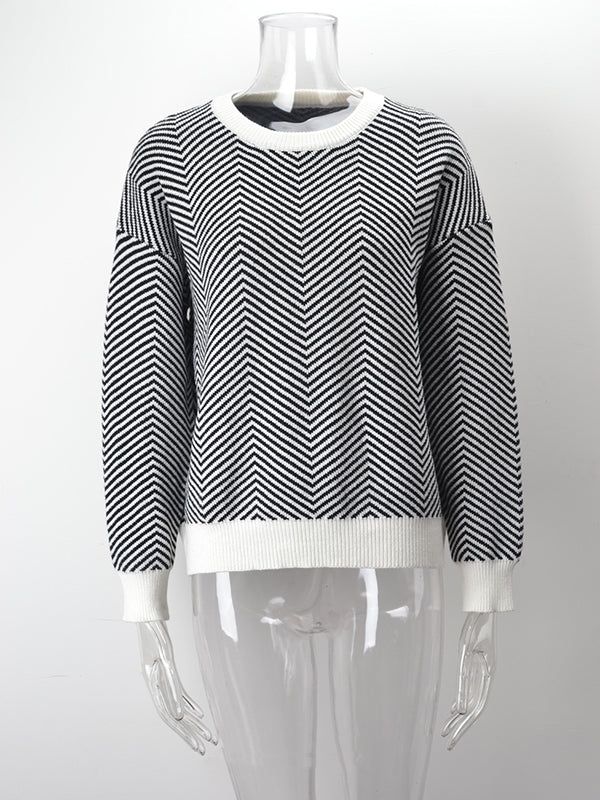 xakxx Long Sleeves Loose Striped Round-Neck Knitwear Pullovers Sweater Tops