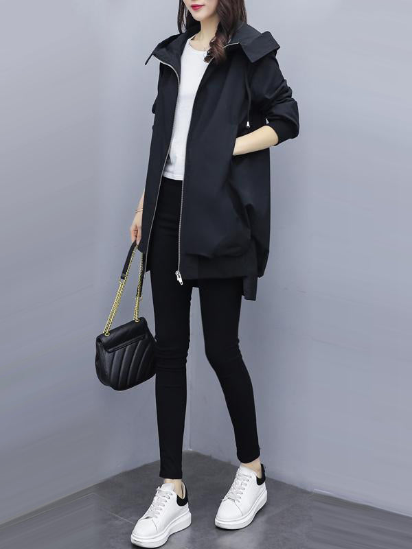 xakxx Casual Loose 4 Colors Pleated Zipper Hooded Long Sleeves Outwear