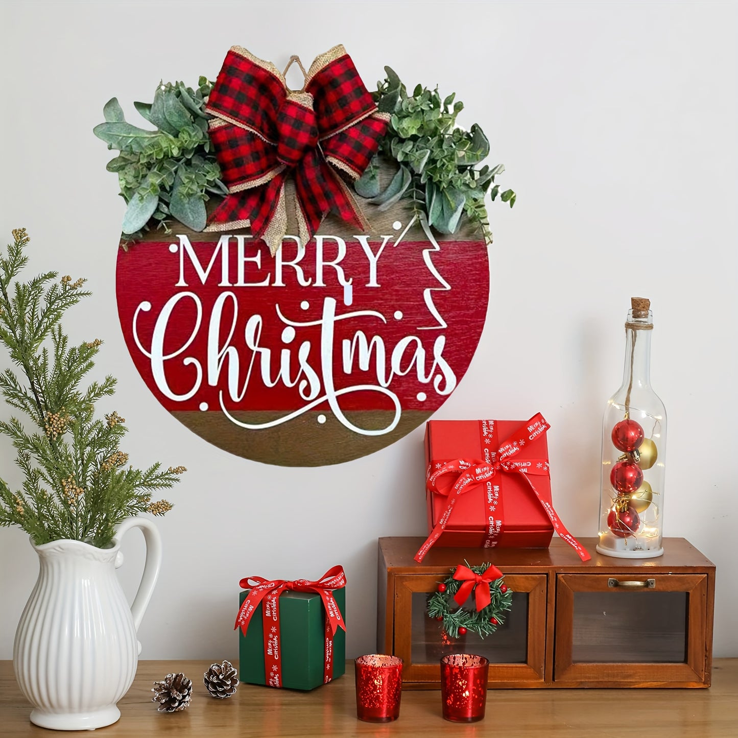 Christmas Wreath Welcome Sign - Outdoor Holiday Decoration for Front Door, Porch, Farmhouse, Home Bar, Indoor, Room Decor - Rustic, Hanging, Gift Idea, Seasonal Decor