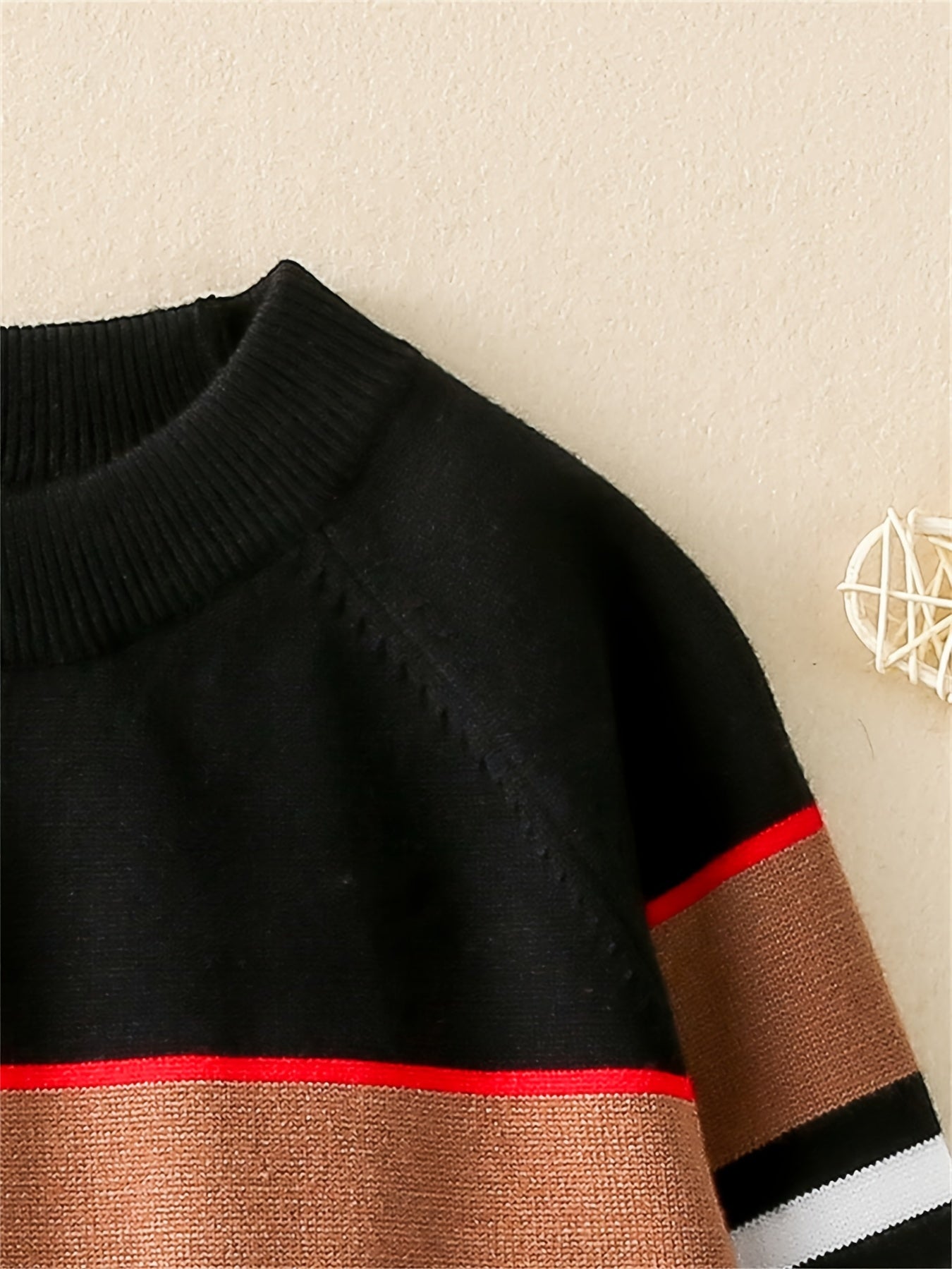 Baby's Casual Color Block Pattern Sweater, Knitted Long Sleeve Top, Toddler & Infant Boy's Clothing For Fall Winter