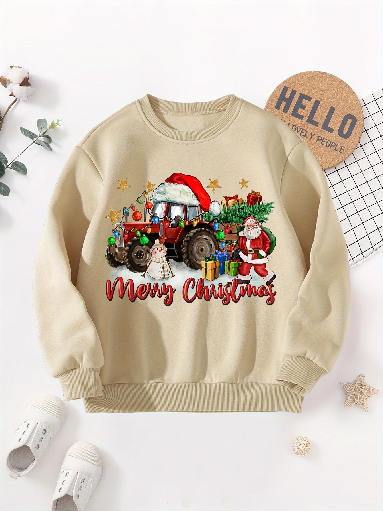 Boys' Cozy Fleece-Lined Christmas Sweatshirt with Festive Tractor Print - Casual Long Sleeve Pullover for Fall/Winter