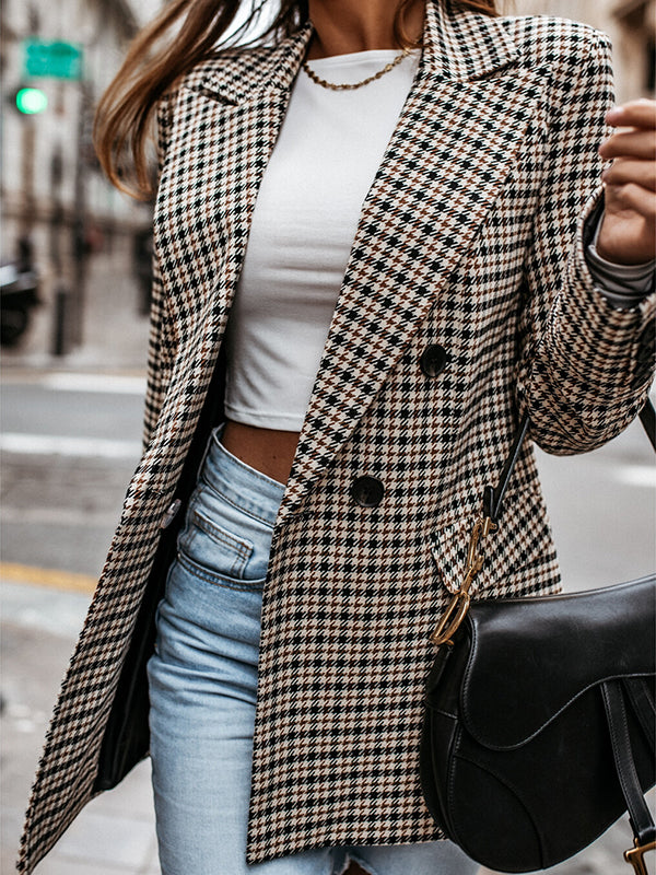 xakxx Long Sleeves Loose Buttoned Houndstooth Notched Collar Blazer Outerwear