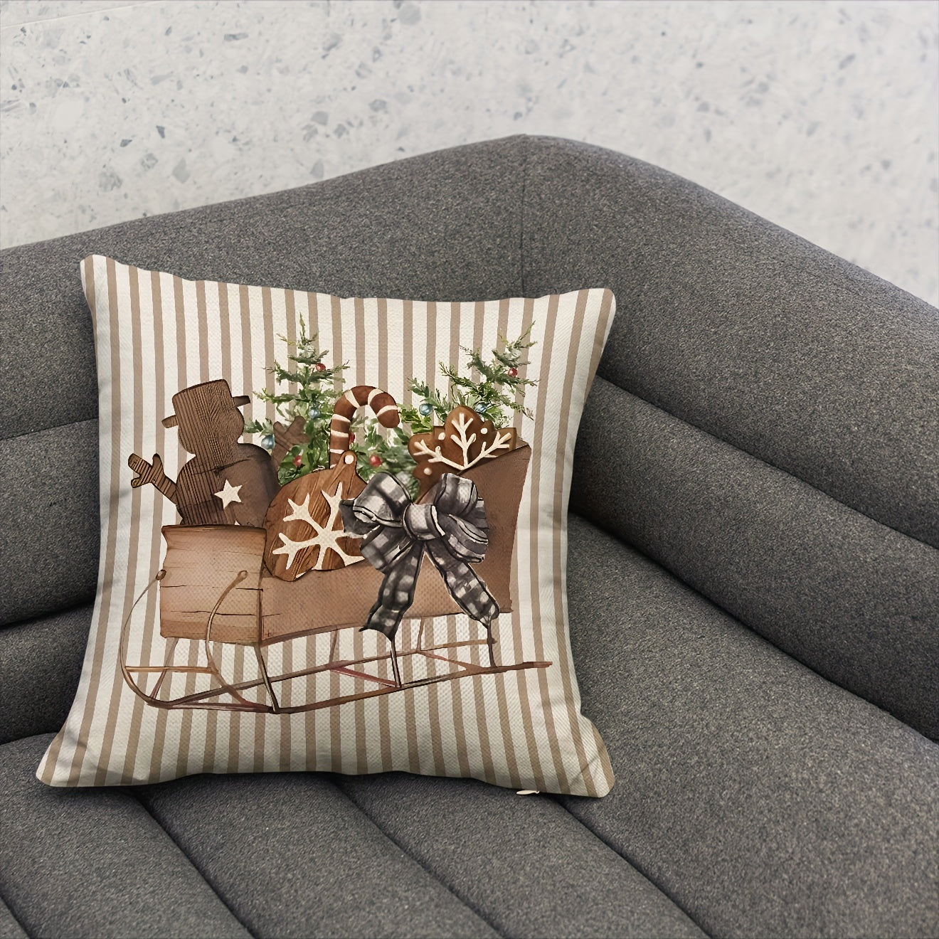 4 PCS Merry Christmas Blessings Throw Pillow Covers - Warm Curry Striped Vintage Woodgrain Sleigh Christmas Tree Design, Holiday Party Home Decor, Soft and Cozy, 18x18 inches (45x45 cm) - Pillow Inserts Not Included, Perfect for Indoor and Outdoor Decorat