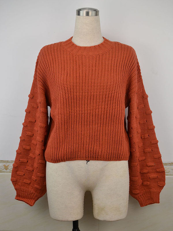 xakxx Trendy Tops Puff Sleeves Loose Solid Color Round-Neck Sweater Tops
