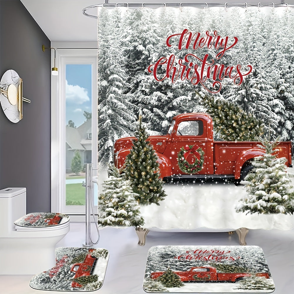 Festive Winter Red Truck Bathroom Decor Set - Waterproof Shower Curtain, Non-Slip Bath Mat, Toilet Seat Cover, Bathroom Rug, 12 Plastic Hooks, and More - Perfect for Cozy Home Decor and Winter Holiday Theme