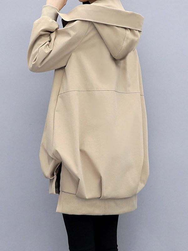 xakxx Casual Loose 4 Colors Pleated Zipper Hooded Long Sleeves Outwear