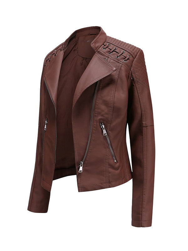 xakxx Long Sleeves Split-Joint Zipper Mock Neck PU Jackets Outerwear
