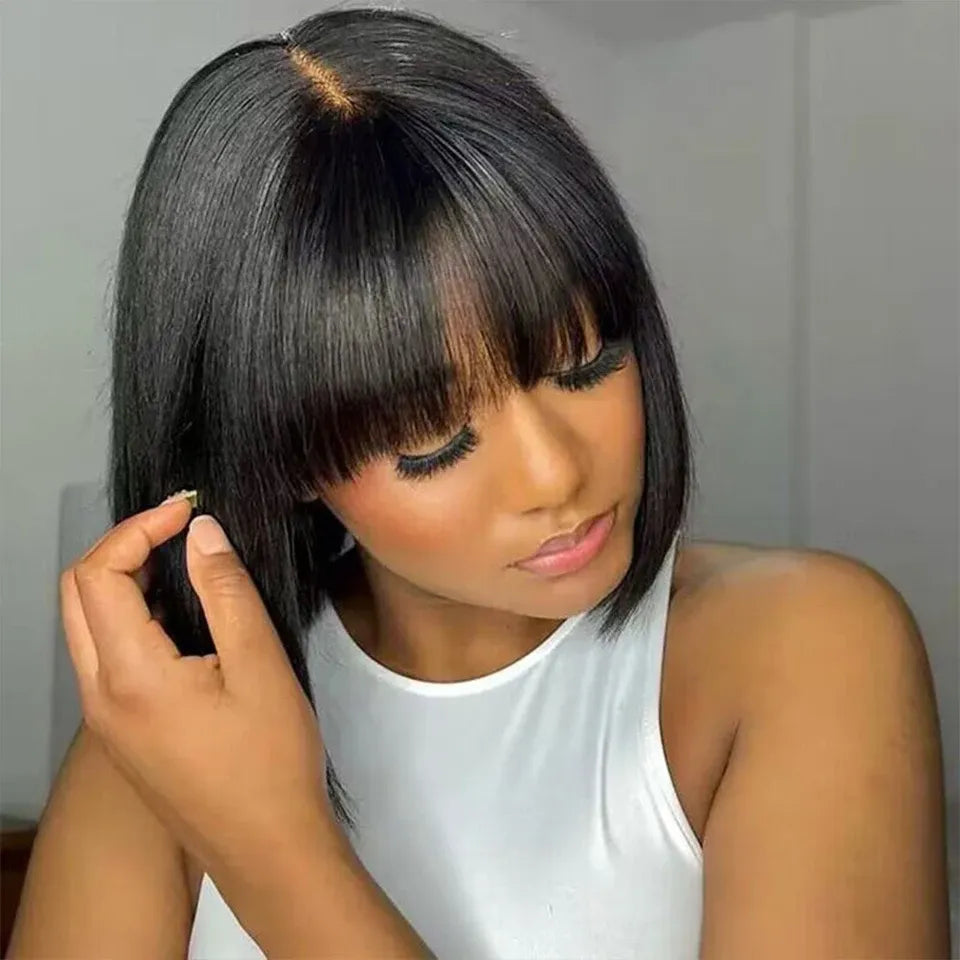 Straight Bob Wig with Bangs Bone Remy Human Hair Wigs for Women Brazilian Hair Straight Full Lace Wigs Bob Fringe Wig
