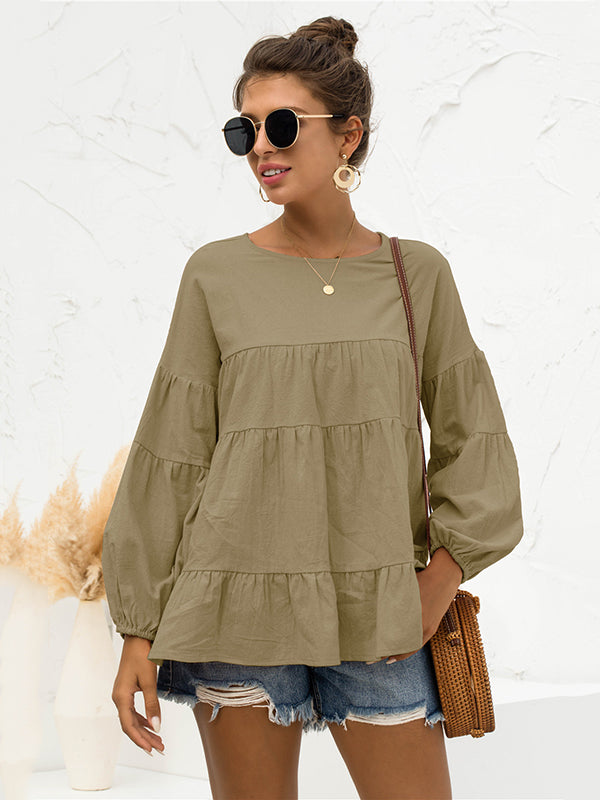 xakxx Casual Long Sleeves Puff Sleeves Solid Color Round-Neck T-Shirts Tops