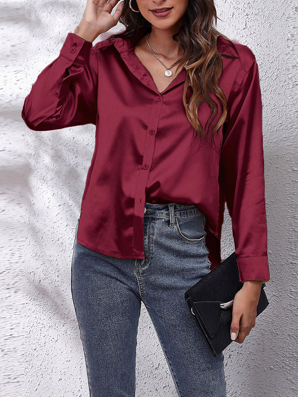xakxx Long Sleeves Loose Solid Color Lapel Blouses