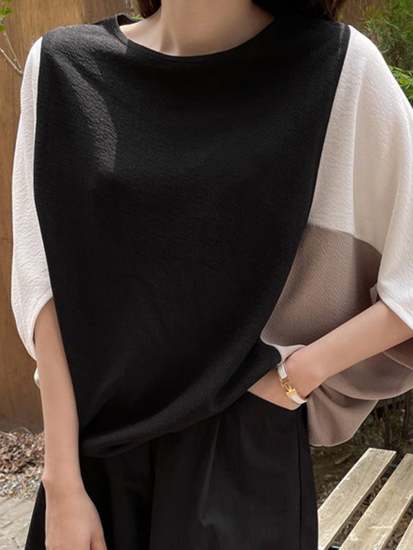xakxx Batwing Sleeves Half Sleeves Contrast Color Round-Neck Blouses&Shirts Tops