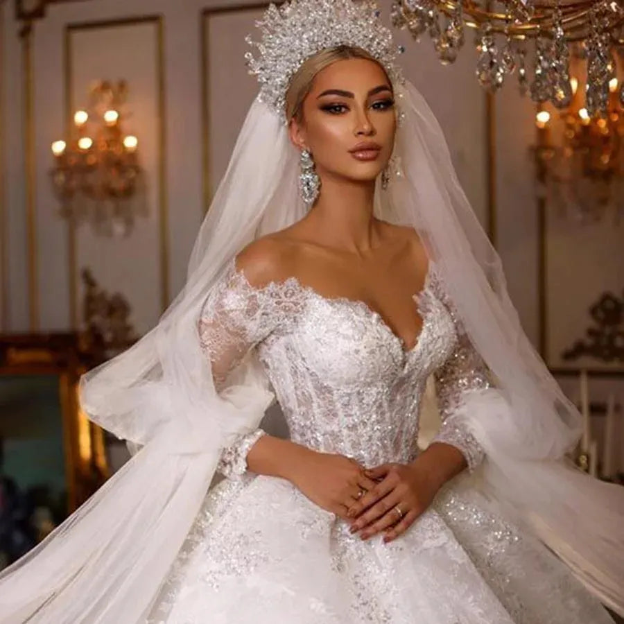 Exquisite Wedding Dress For Women Sheer V-neck Lace Appliques Sequins Bridal Gowns Custom Dubai Arabic Vestido de Novia Customed
