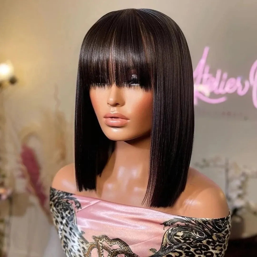 Straight Bob Wig with Bangs Bone Remy Human Hair Wigs for Women Brazilian Hair Straight Full Lace Wigs Bob Fringe Wig
