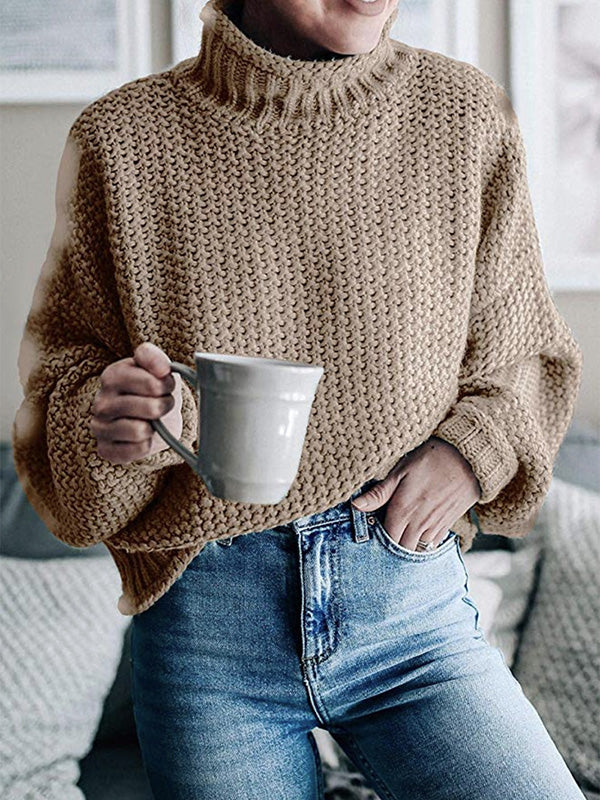 xakxx Casual Long Sleeves Solid Color High-Neck Sweater Tops