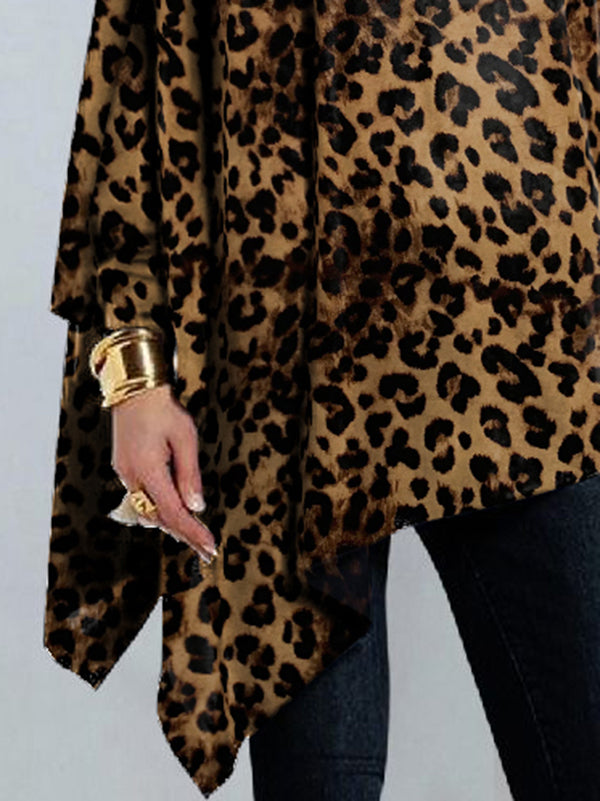 xakxx Long Sleeves Loose Leopard Printed High Neck T-Shirts