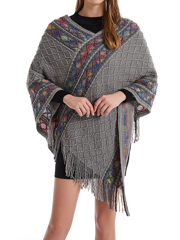 xakxx Loose Asymmetric Tasseled V-Neck Cape Shawl&Cloak