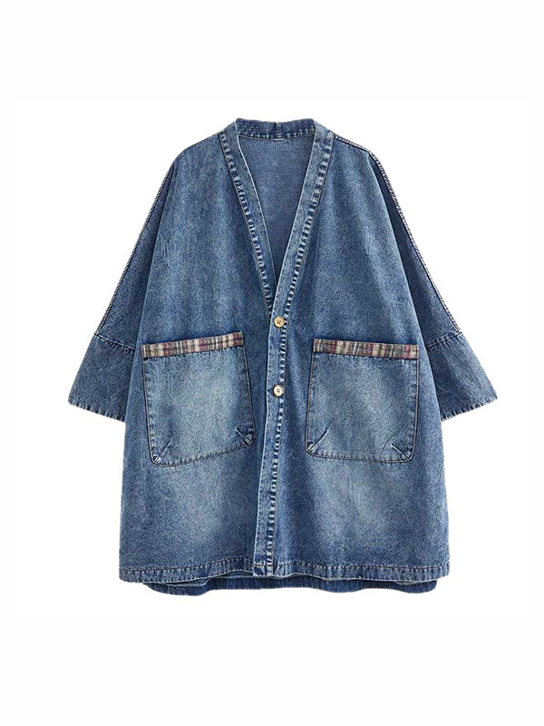 xakxx Long Sleeves Loose Buttoned Plaid Pockets Split-Joint V-Neck Denim Outerwear