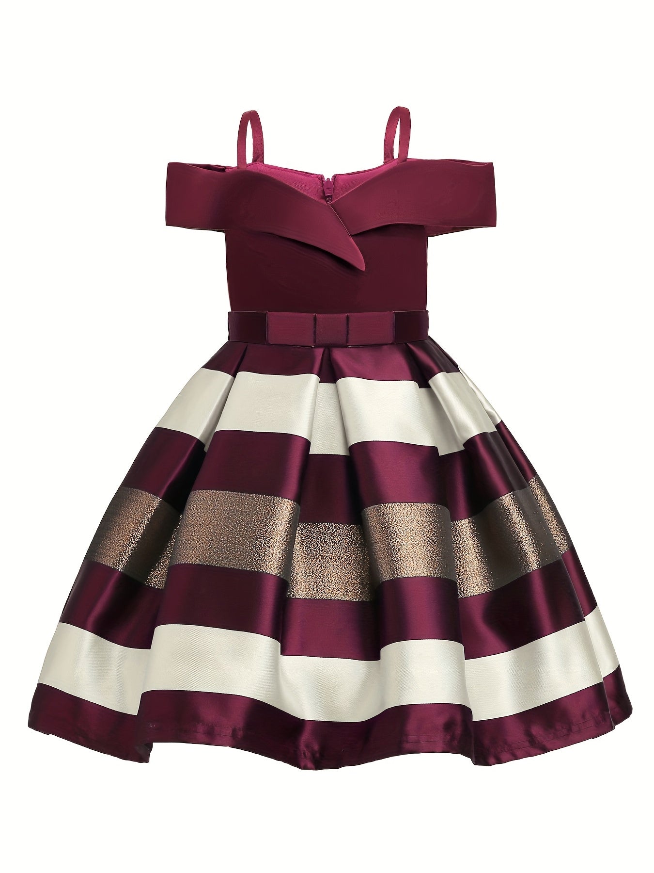 Knee-High Off-the-Shoulder Color Block Pleated Princess Dress for Girls - Sleeveless, Flared Hem, Cotton Lined, Non-Stretch Polyester Fabric, Hand Wash Only - Perfect for Piano Performance, Wedding, Birthday Party, and Evening Occasions