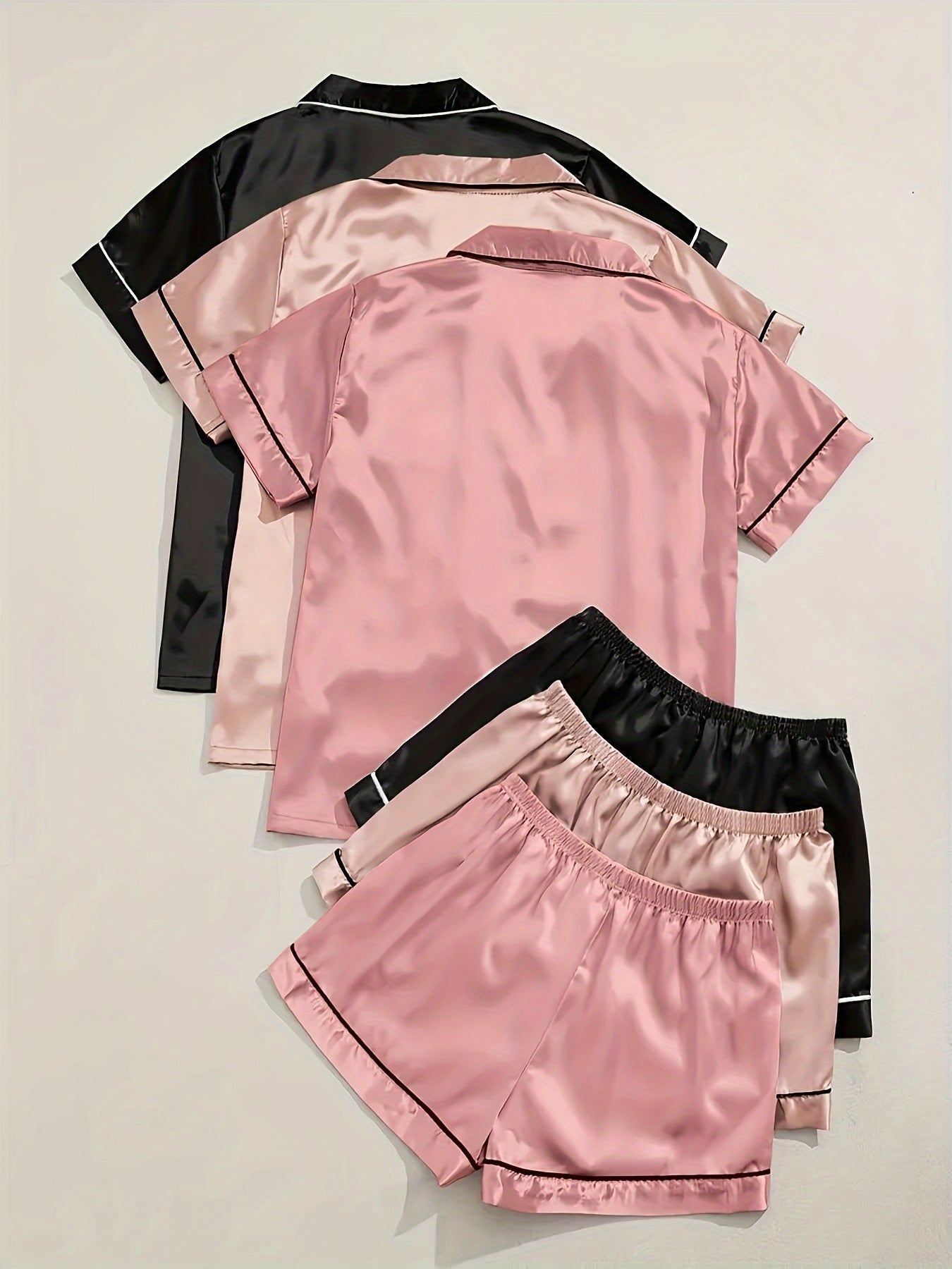 3-Pack Solid Satin Womens Pajama Set - Lightweight & Soft Short Sleeve Lapel Tops with Elastic Shorts - Stylish Sleepwear for Casual Lounging, Comfy Nighttime Elegance