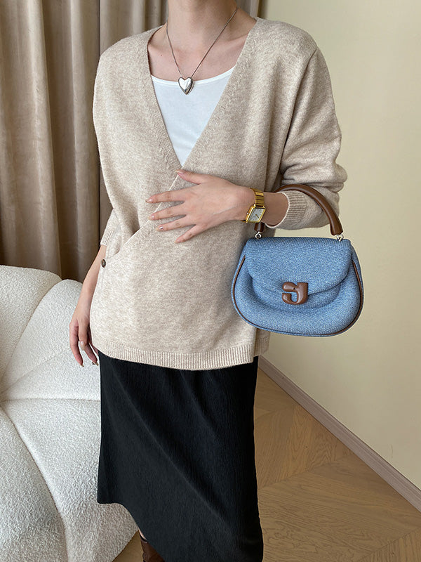 xakxx Long Sleeves Loose Asymmetric Buttoned V-neck Sweater Tops