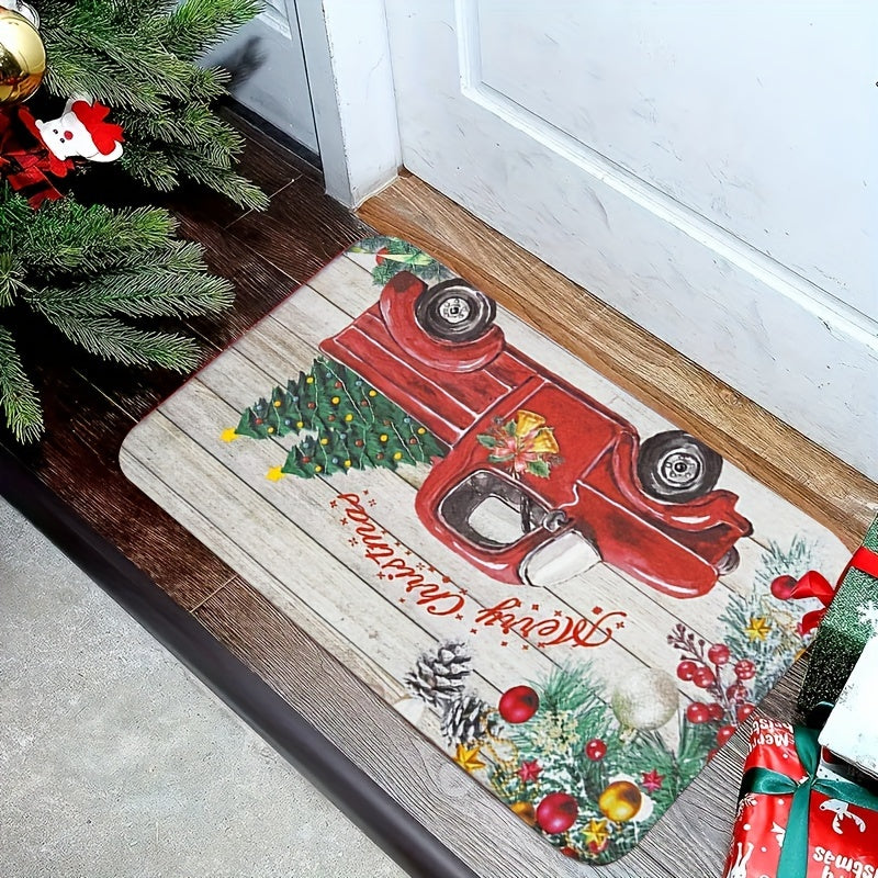1pc Christmas Car Bathroom Absorbent Floor Mat, Merry Christmas Quick-drying Floor Mat, Christmas Tree Non-slip Floor Mat, Hallway Balcony Polyester Rug, Entrance Door Mat, Christmas Decorative Rug, Washable Home Operated Rug Hallway Laundry Room