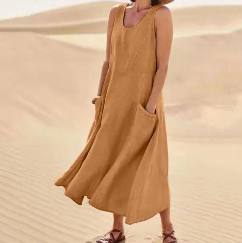 Hot Summer women Casual Dresses pocket sleeveless round neck women's cotton linen dress loose Khaki White black home outdoor skirt Big Size S-5XL 1f9 89b