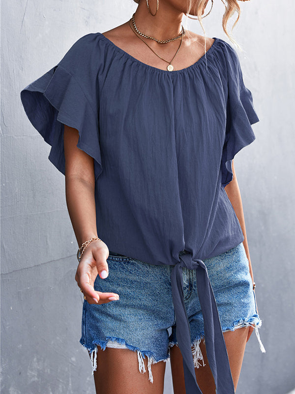 xakxx Loose Short Sleeves Elasticity Falbala Pleated Solid Color Tied Round-Neck T-Shirts Tops