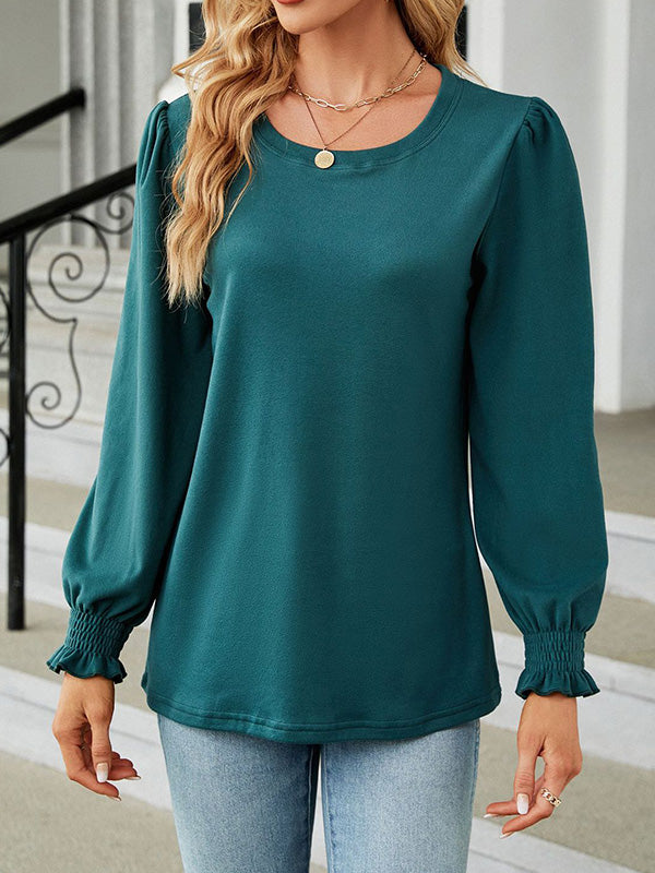 xakxx Long Sleeves Loose Elasticity Solid Color Round-Neck T-Shirts Tops