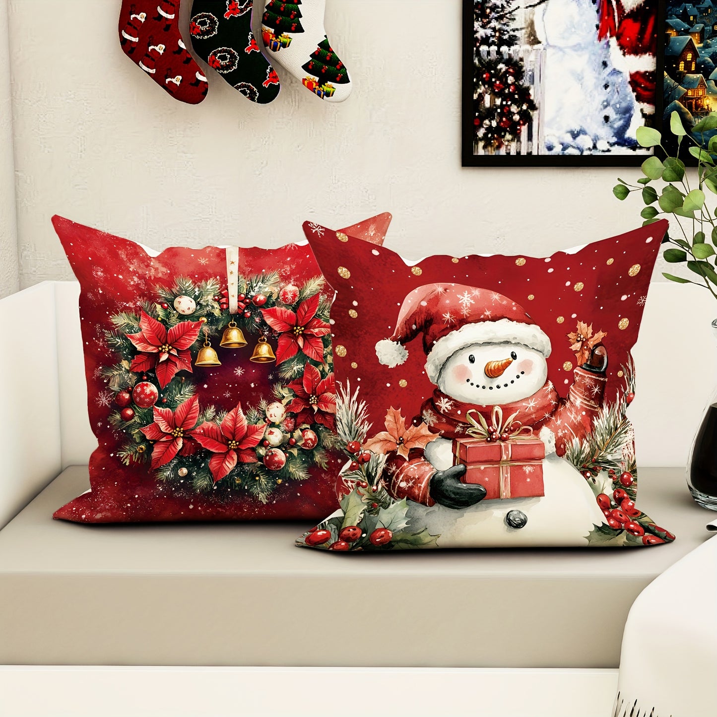 4pcs Set Christmas Velvet Throw Pillow Covers - Santa, Snowman & Tree Designs | Soft & Cozy Red & Green Decorative Cushion Cases for Living Room & Bedroom | 18x18 Inches | Zip Closure