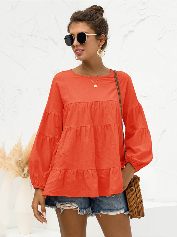 xakxx Casual Long Sleeves Puff Sleeves Solid Color Round-Neck T-Shirts Tops