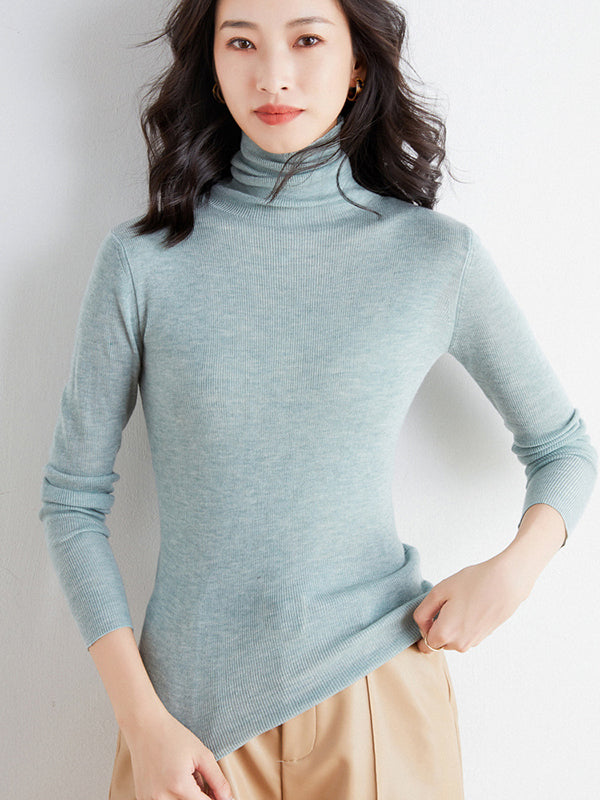 xakxx Simple Skinny Long Sleeves Solid Color High-Neck Sweater Tops Pullovers
