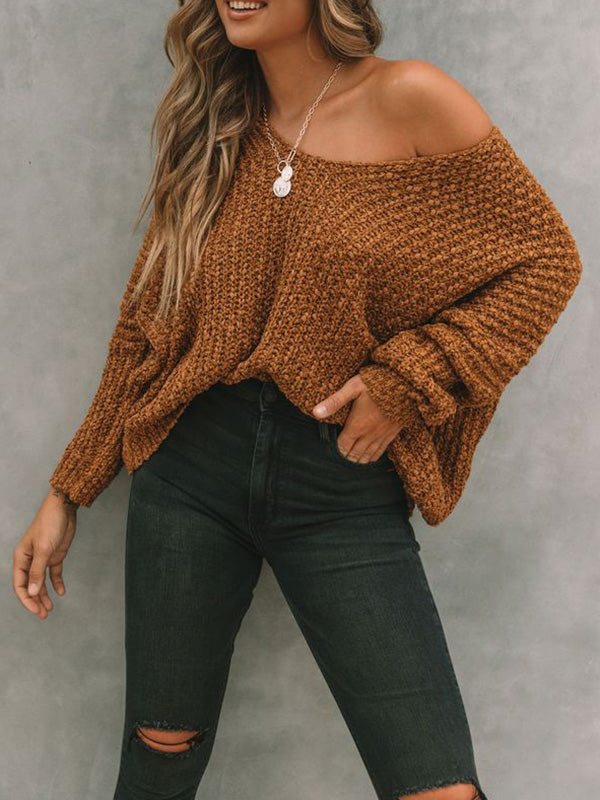 xakxx Long Sleeves Loose Solid Color V-Neck Knitwear Pullovers Sweater Tops