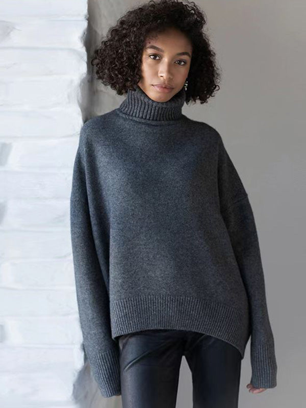 xakxx Casual Long Sleeves Loose Solid Color High-Neck Sweater Tops