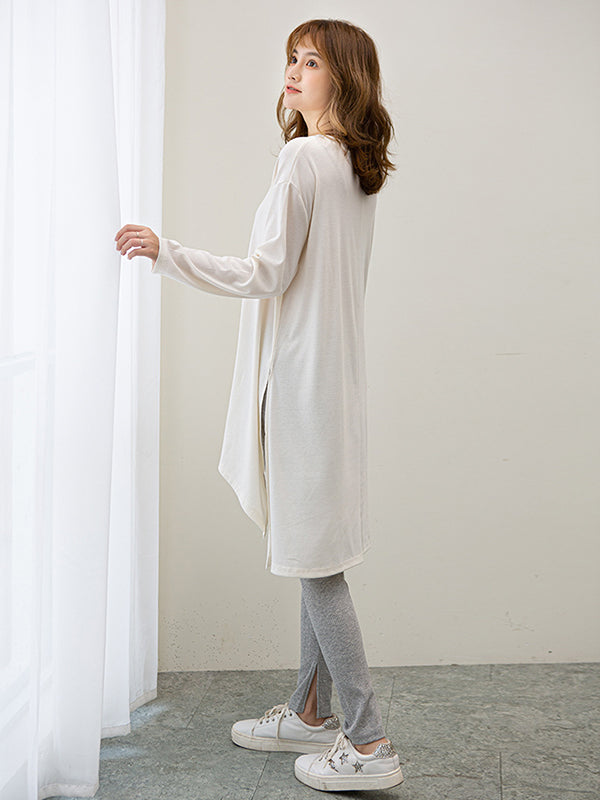 xakxx Casual High-Low Long Sleeves Solid Color Round-Neck T-Shirts Tops