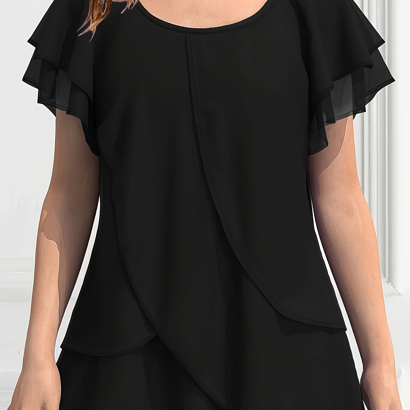 Vibrant Color Crew Neck Blouse - Ruffled Sleeve, Layered, Casual, Spring & Summer Essential - Women's Clothing for Everyday Wear