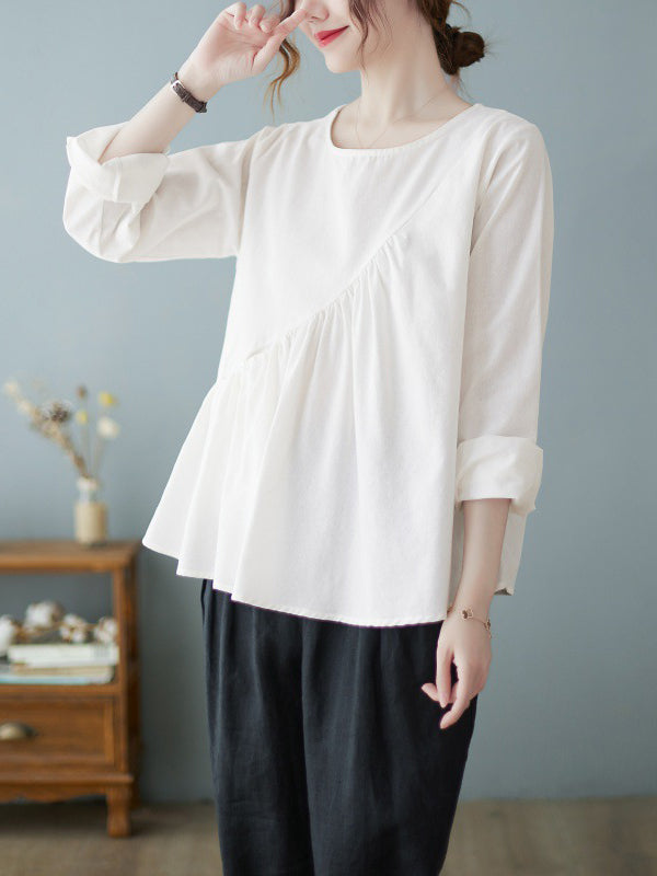 xakxx Casual Loose Long Sleeves Solid Color Round-Neck T-Shirts Tops