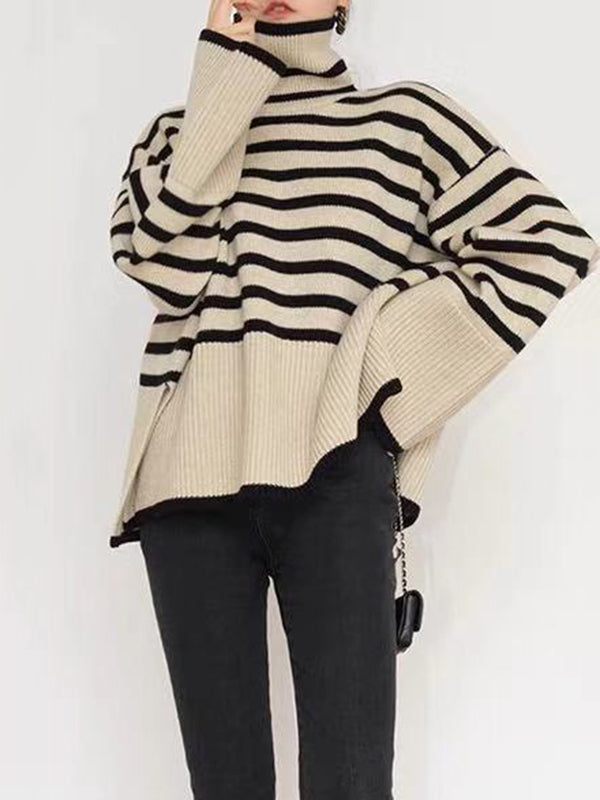 xakxx Long Sleeves Loose Contrast Color Split-Joint Split-Side Striped High Neck Sweater Tops