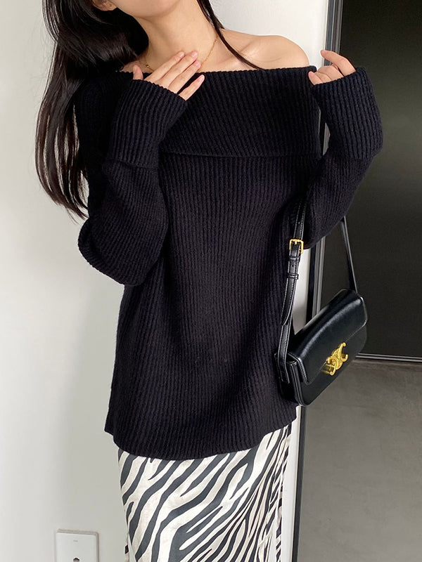 xakxx Long Sleeves Loose Solid Color Off-The-Shoulder Knitwear Pullovers Sweater