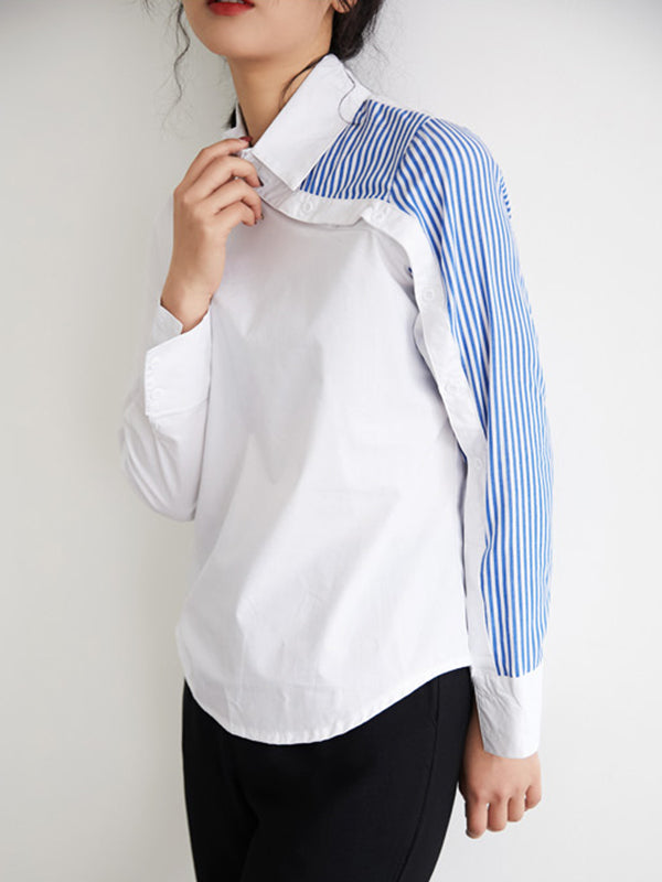 xakxx Long Sleeves Irregularity Striped Solid Contrast Color Lapel Collar Blouses