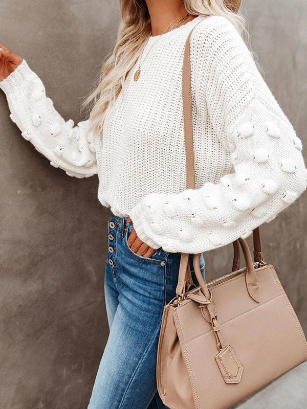 xakxx Trendy Tops Puff Sleeves Loose Solid Color Round-Neck Sweater Tops