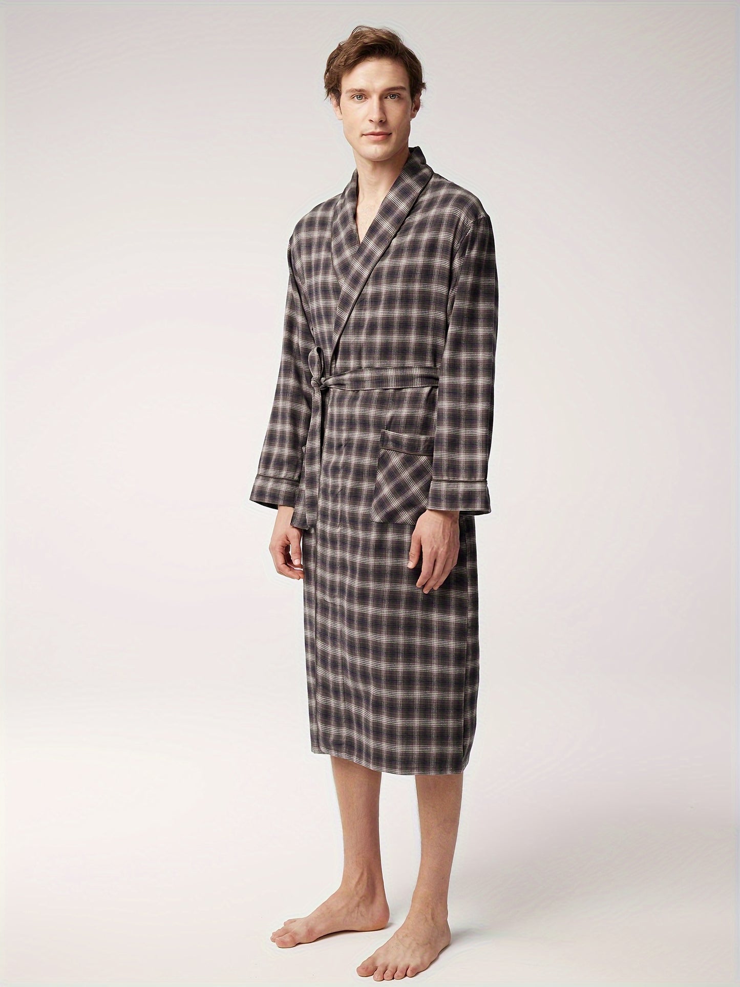 SIORO Mens Robe Flannel Cotton Plaid Bathrobe Soft Shawl Collar Loungewear