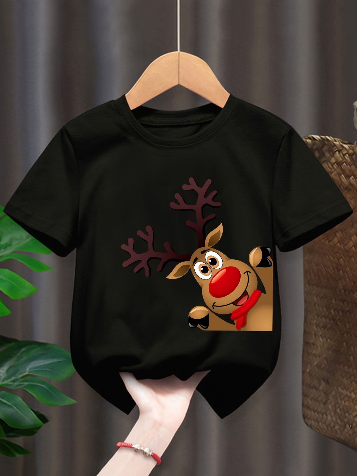 Boys' Summer Fashion T-Shirt with Cute Reindeer Print - Casual Short Sleeve, Polyester, Christmas Theme